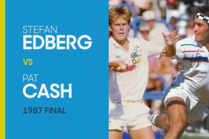 Stefan Edberg verslaat Pat Cash in de finale van de Australian open van 1987.