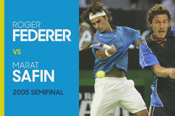 Marat Safin verslaat Roger Federer tijdens de Australian open in 2005.